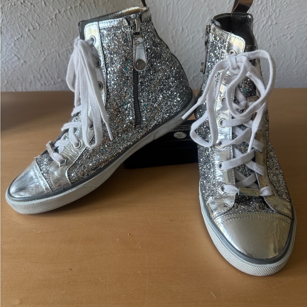 Jimmy Choo Silver Glitter High Top Sneakers Sz 38